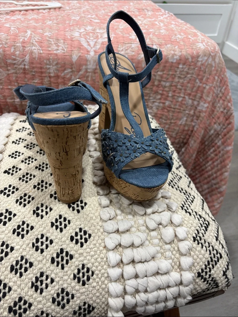 American Rag Denim Floral Cork Platform Sandals - Blue